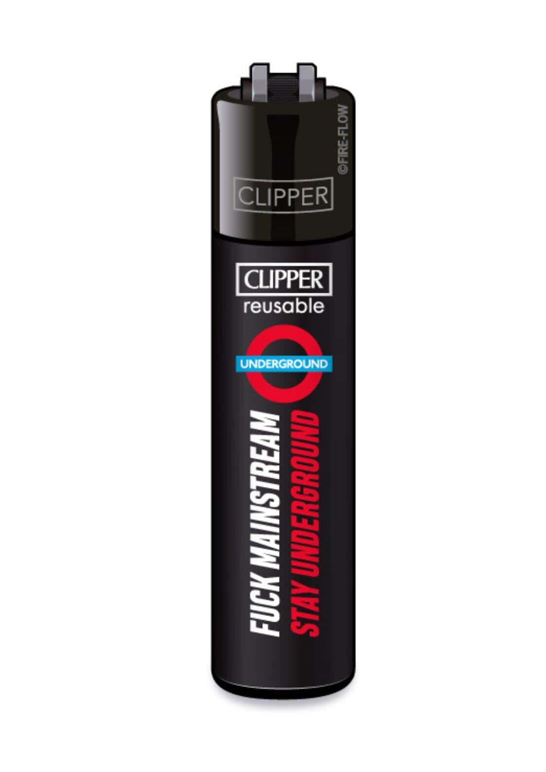 Schwarzes refillbares clipper feuerzeug mit rotem text fuck mainstream stay underground und underground logo